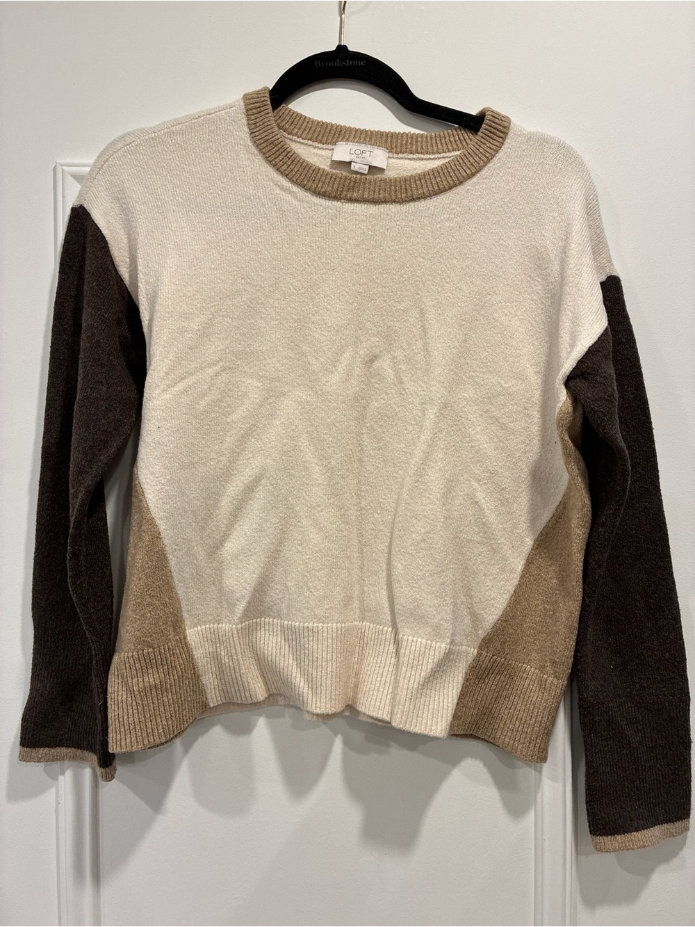 LOFT Colorblock Crewneck Sweater in Cream, Brown and Tan